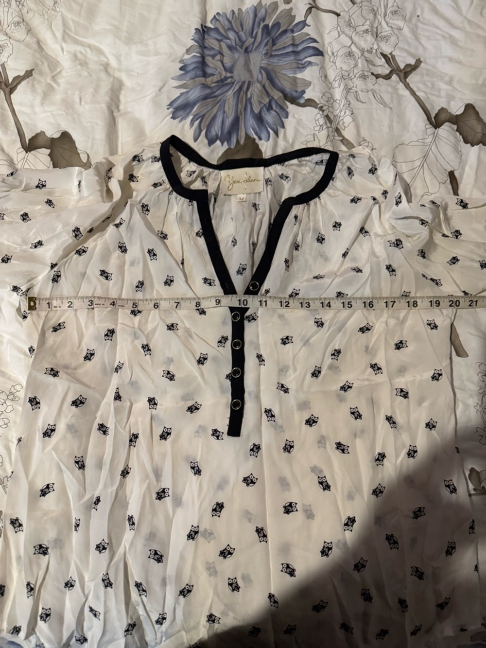 Anthropologie Yumi Kim White Blouse with Black Trim and Owl Print